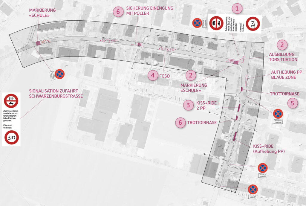 Ein Plan zeigt die verschiedenen Massnahmen, die den Verkehr rund um das Schulhaus Blindenmoos in Köniz lenken sollen.