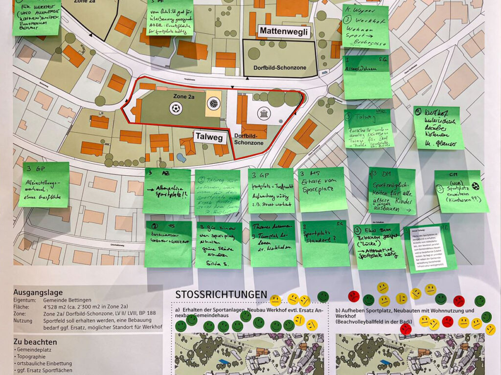 Post-it Wand an einem Workshop zur Ortsplanung in Bettingen