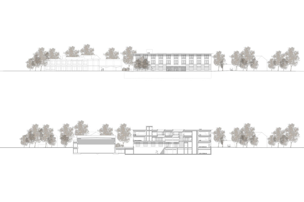 Plan der Hauptfassade und Schnitt durch Turnhalle und die Haupterschliessung