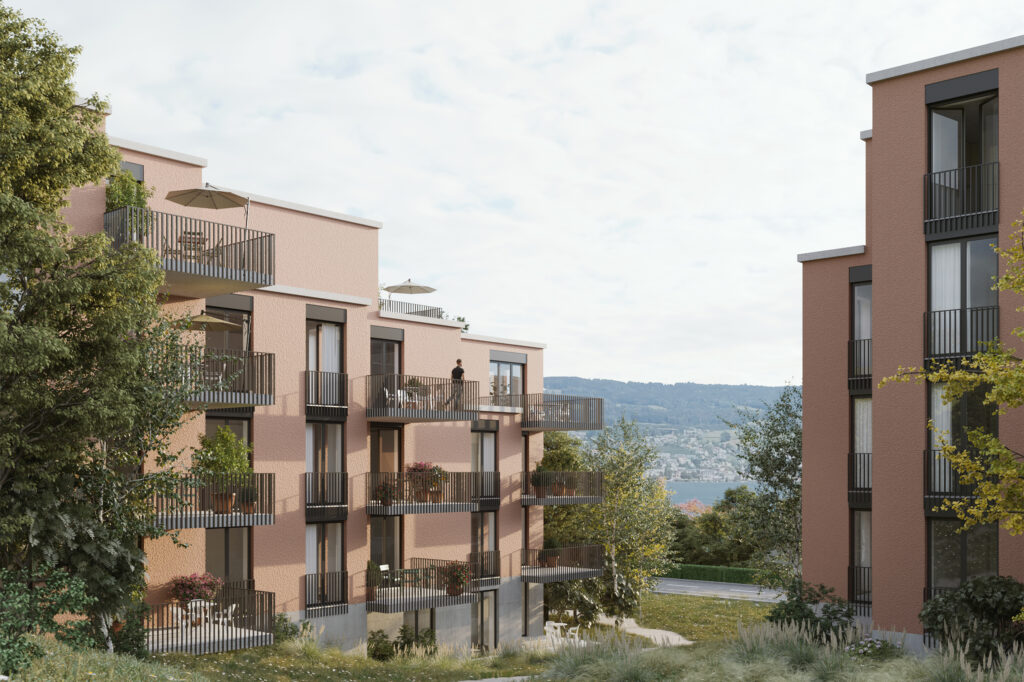 Aussenansicht, zwischen den Zeilenbauten. Die abgestuften Gebäude erlauben den Ausblick auf den Zürichsee aus allen Wohnungen.