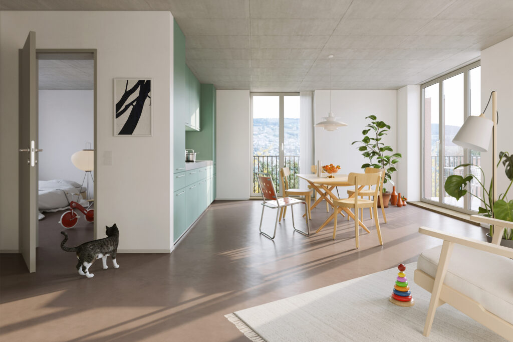 Blick in eines der Wohnzimmer an der Gebäudestirne.