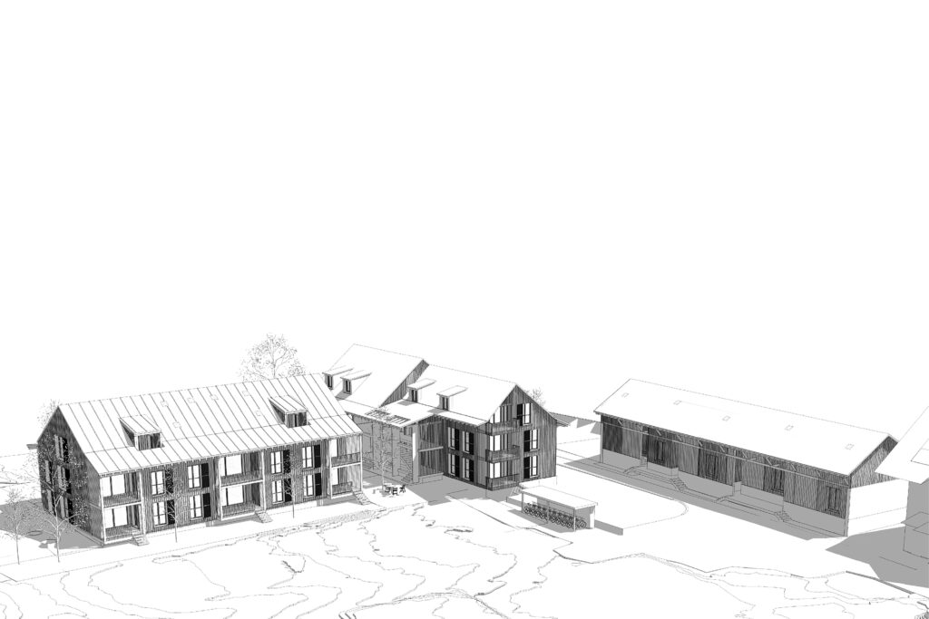 Axonometrie: Die Überbauung besteht aus drei Gebäuden. Zwei entlang der Alte Steinerstrasse und ein weiteres als Hofbebauung leicht von der Strasse abgesetzt.