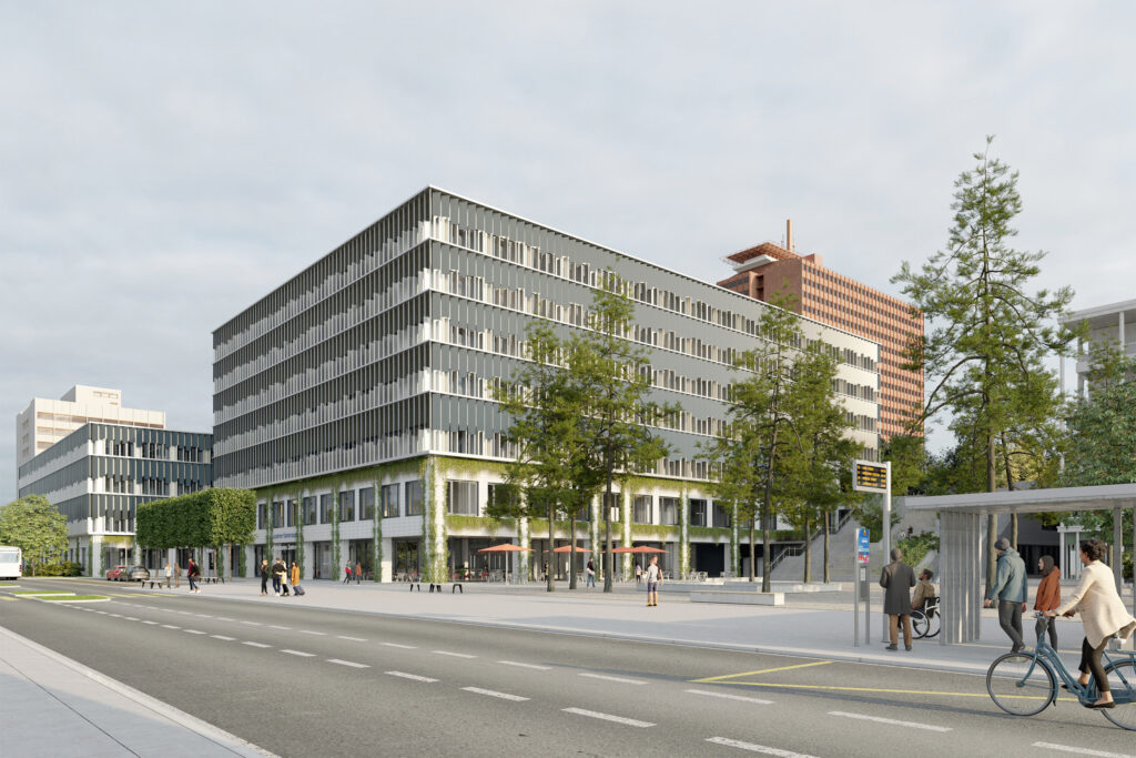 Visualisierung des Projektvorschlags von der Spitalstrasse gesehen. An der Ostseite des Gebäudes befindet sich der grosszügige, baumbestandene Spitalplatz.