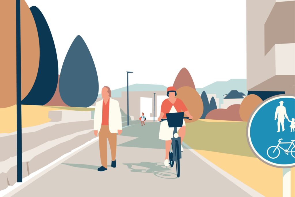 vereinfachte Darstellung einer Frau auf dem Velo und eines Fussgängers, die sich einen breiten Weg teilen