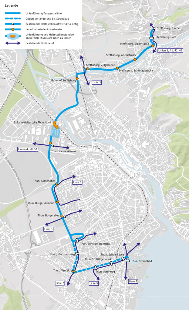 Tangentiallinie Thun-Stefffisburg mit vorgeschlagenen Haltestellen