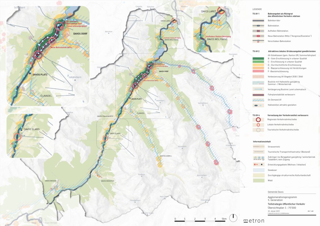 Karte der Agglomeration Davos, zeigt die Strategien im Teilbereich ÖV, um den im Zielbild festgelegten Zustand zu erreichen.