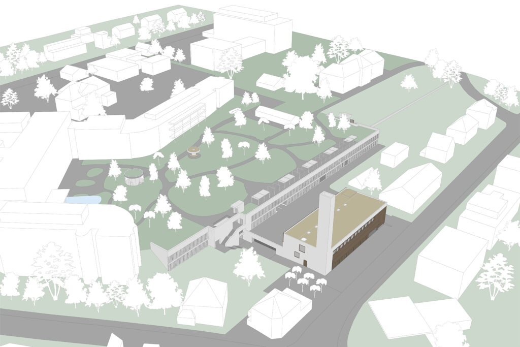 Übersicht des Areals mit neuem Spitalpark, dem Rettungsdienstgebäude und Parkhaus unter dem Spitalpark.