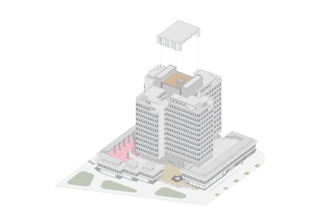 Axonometrie: Öffentliche und halböffentliche Räume sind von der Plaza im Erdgeschoss bis zur Dachterrasse / potenziellen Sky-Bar in 50m Höhe im ganzen Gebäude verteilt und tragen zur Attraktivität des Standorts bei.