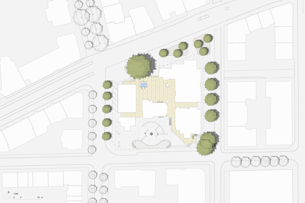 Revitalisierung Hochhaus zur Palme: Situationsplan mit der Plaza im Erdgeschoss, Aussenraumgestaltung und den Gebäuden der Umgebung.