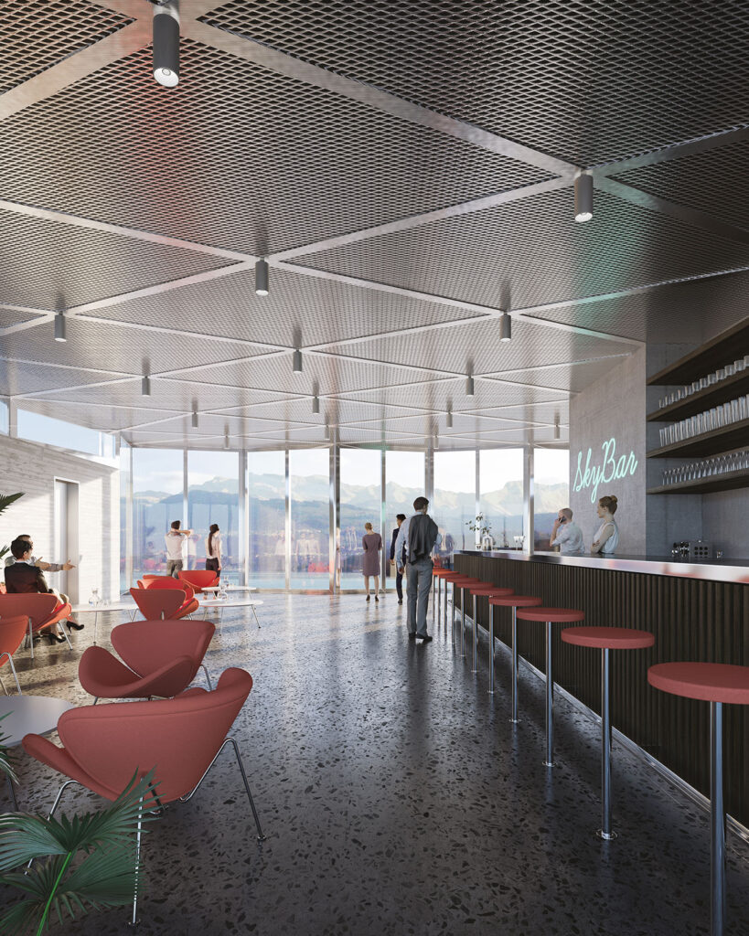 Rendering der Skybar mit Blick auf den Zürichsee und das Alpenpanorama. Eine der Optionen im Projekt Revitalisierung Hochhaus zur Palme.