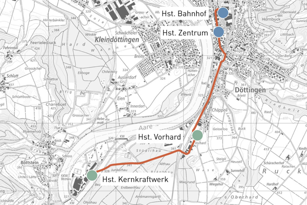 Plan neue Buslinie Döttingen mit den Haltestellen; Bahnhof, Zentrum, neue Haltestelle Vorhard und neue Haltestelle Kernkraftwerk