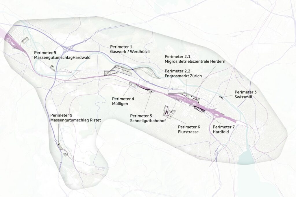 Vue d’ensemble du transbordement ferroviaire de marchandises dans la partie orientale de la vallée de la Limmat