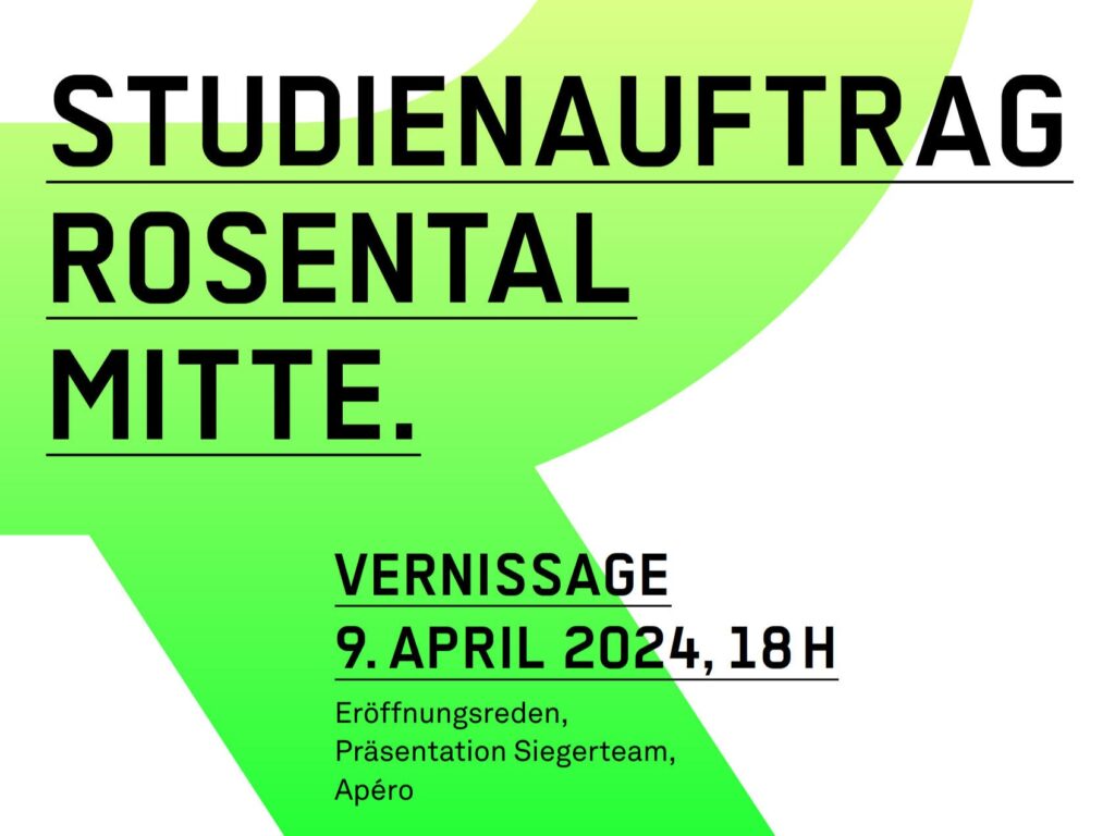 Flyer, der zur Ausstellung Studienauftrag Freiraum Rosental Mitte in Basel einlädt