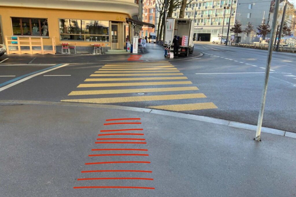 Umsetzung hindernisfreier Raum Bern, Visualisierung taktil-visueller Markierung vor Zebrastreifen